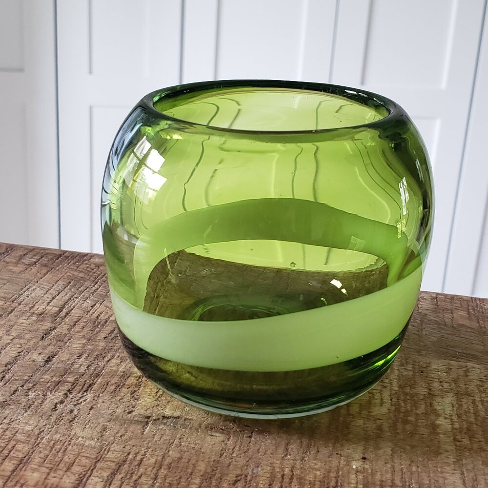 Vintage Art Glass Vase Small Green Hand Blown Swirl Decor Mid Century Minimalist